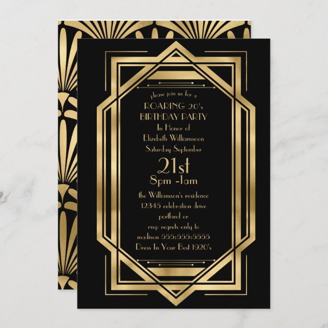 Roaring Black and Gold Art Deco Birthday Party Invitation (Front/Back)