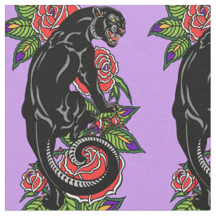 Roaring black panther and blooming roses fabric