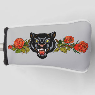Roaring black panther and blooming roses golf head golf head cover