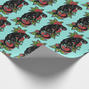Roaring black panther and blooming roses wrapping  paper