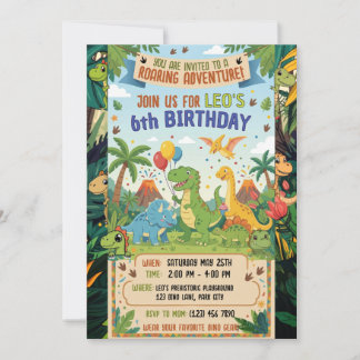 Roaring Dinosaur Adventure 6th Birthday Flat  Invitation