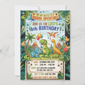 Roaring Dinosaur Adventure 6th Birthday Party Invitation