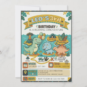 Roaring Dinosaur Adventure Map 3rd Birthday Party Invitation