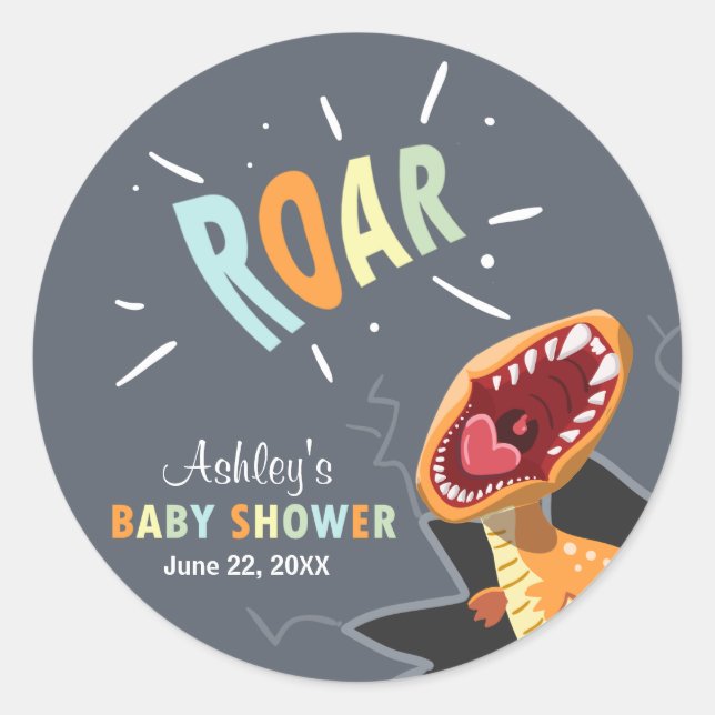Roaring Dinosaur Baby Shower Sticker Envelope Seal (Front)