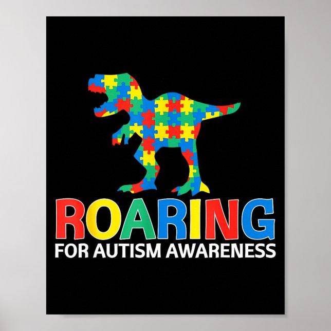 Roaring for autism awareness t rex dinosaur boys poster (Front)