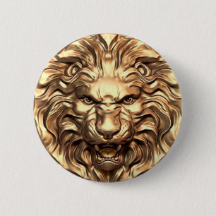 Roaring gold lion head 6 cm round badge