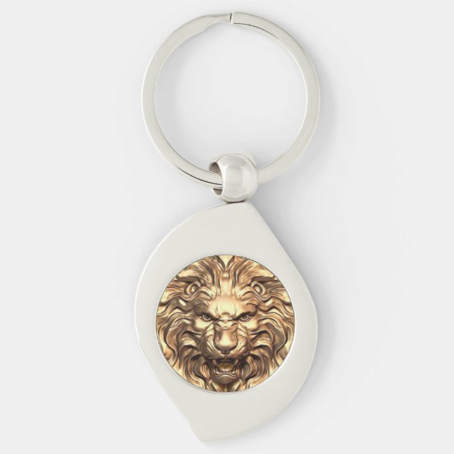Roaring Gold Lion Head Metal Keychain (Front)