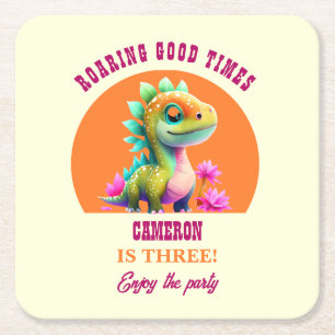 Roaring Good Times Dinosaur Any Age Birthday Party Square Paper Coaster