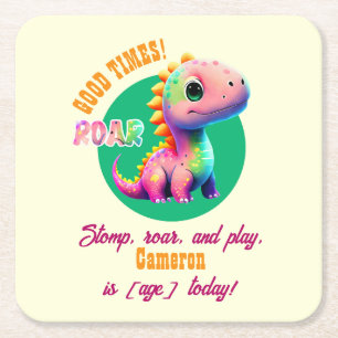 Roaring Good Times Dinosaur Any Age Birthday party Square Paper Coaster