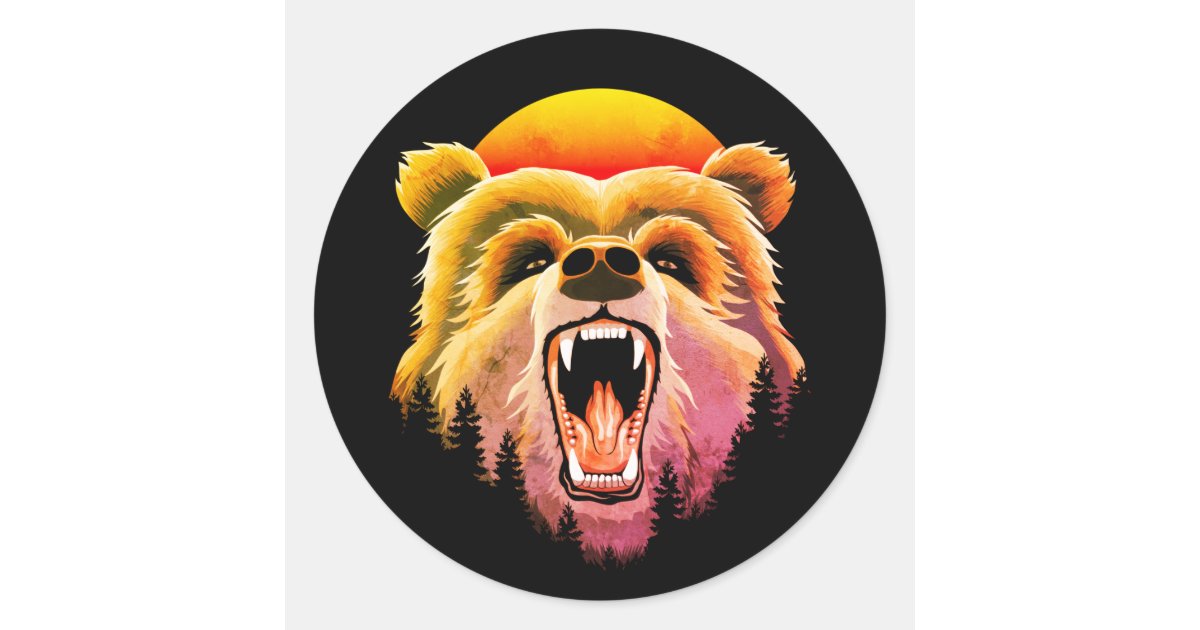 Roaring Grizzly Bear Face Classic Round Sticker | Zazzle
