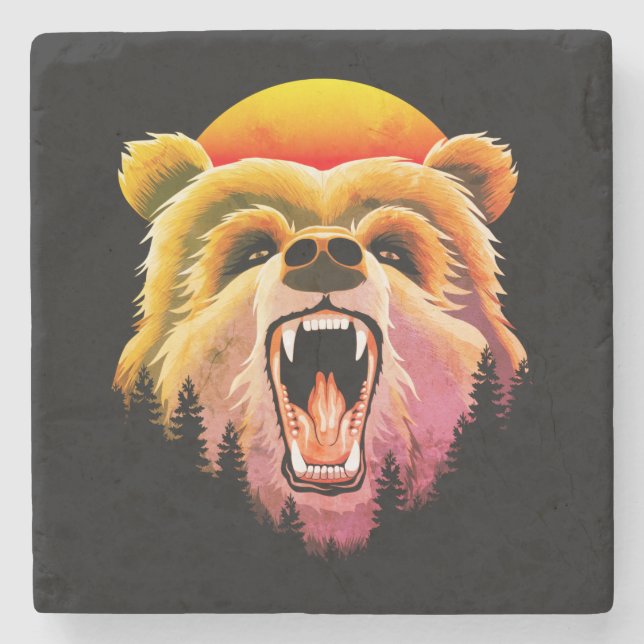 Roaring Grizzly Bear Face Stone Coaster (Front)