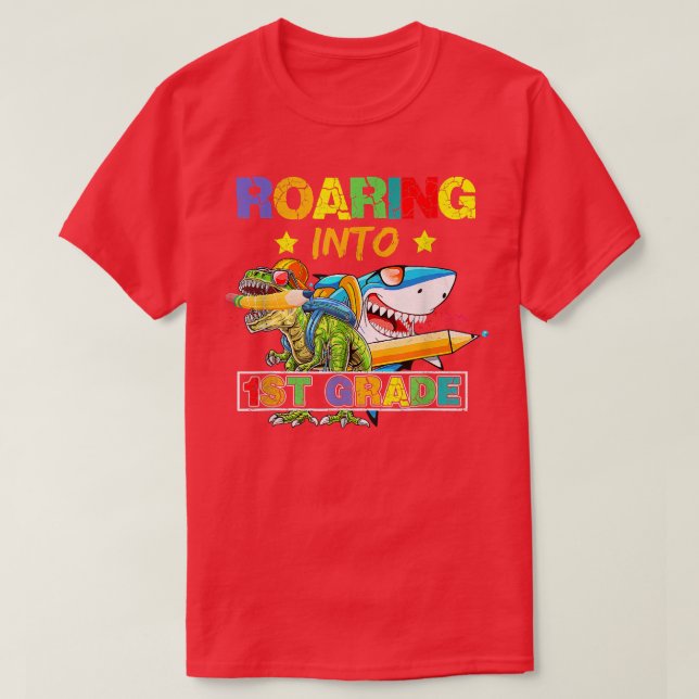 Roaring Into 1st Grade Dinosaur Shark Back To Scho T-Shirt (Design Front)
