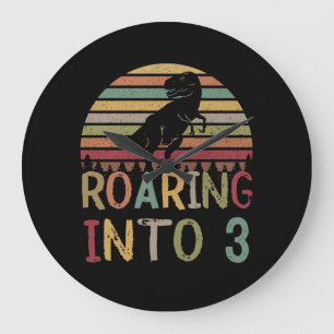 Roaring into 3 3rd Birthday boy dinosaur T Rex Large Clock