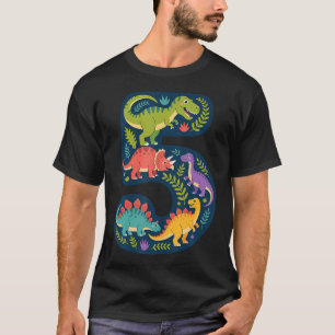 Roaring Into 5 Five Year Old Dinosaur Birthday 5Th T-Shirt