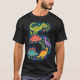 Roaring Into 5 Five Year Old Dinosaur Birthday 5Th T-Shirt
