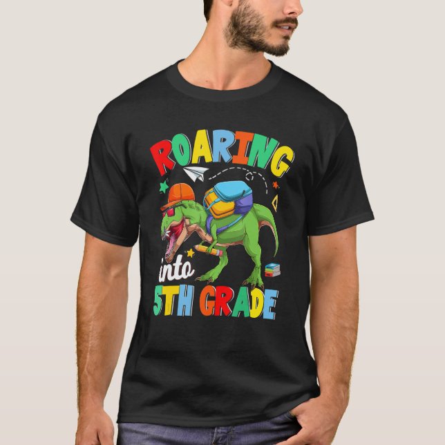 Roaring Into 5th Grade Dinosaur Boys  Back To Scho T-Shirt (Front)