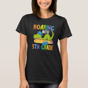 Roaring Into 5th Grade Dinosaur Riding Pencil Back T-Shirt