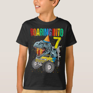Roaring Into 7th Birthday Monster Truck Dinosaur T-Shirt