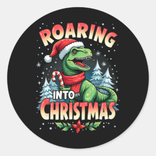 Roaring Into Christmas Kids Girls Funny Dinosaur X Classic Round Sticker