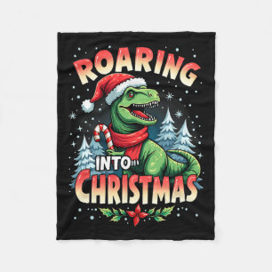 Roaring Into Christmas Kids Girls Funny Dinosaur X Fleece Blanket