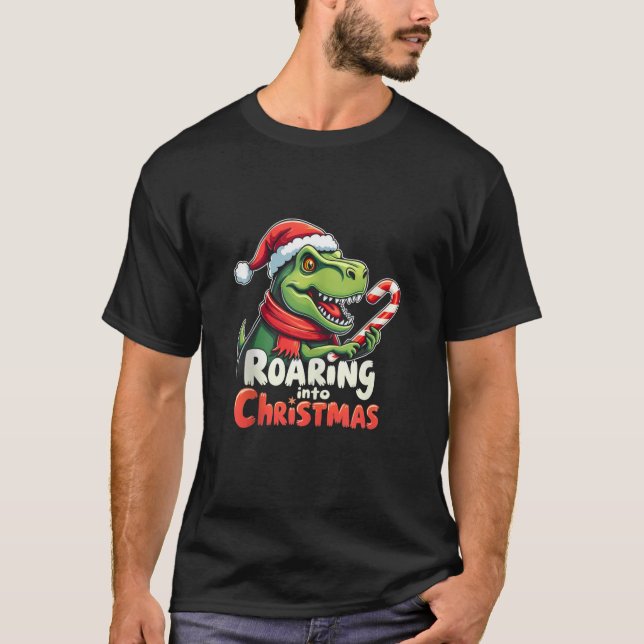 Roaring into Christmas T Rex Santa Hat Candy Cane  T-Shirt (Front)