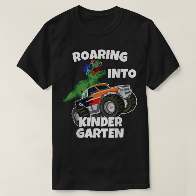Roaring into Kindergarten Monster Truck Dinosaur T T-Shirt (Design Front)
