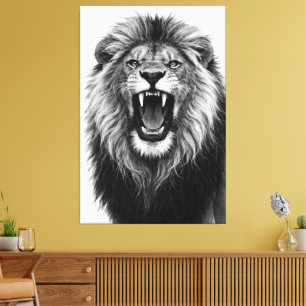 Roaring Lion Black White Powerful Wildlife Art Canvas Print