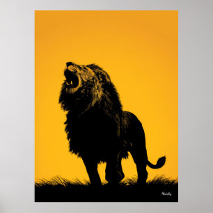 Roaring Lion Poster – Black Silhouette on Yellow