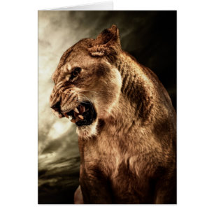 Roaring lioness against stormy sky