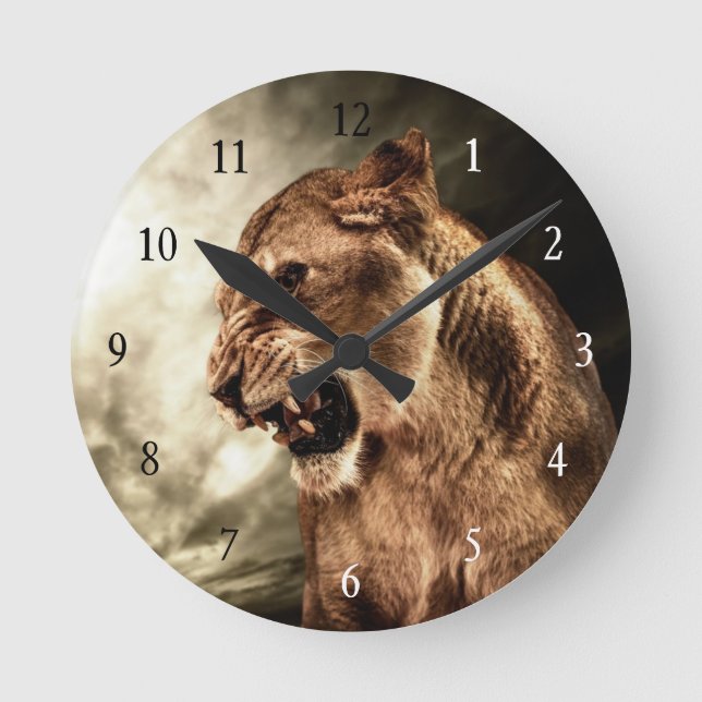 Roaring lioness against stormy sky round clock (Front)