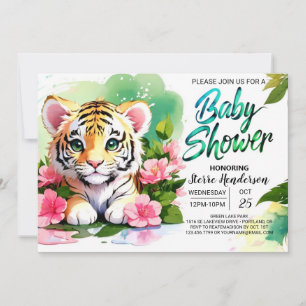 Roaring Pink Tiger Watercolor Baby Shower Invitation