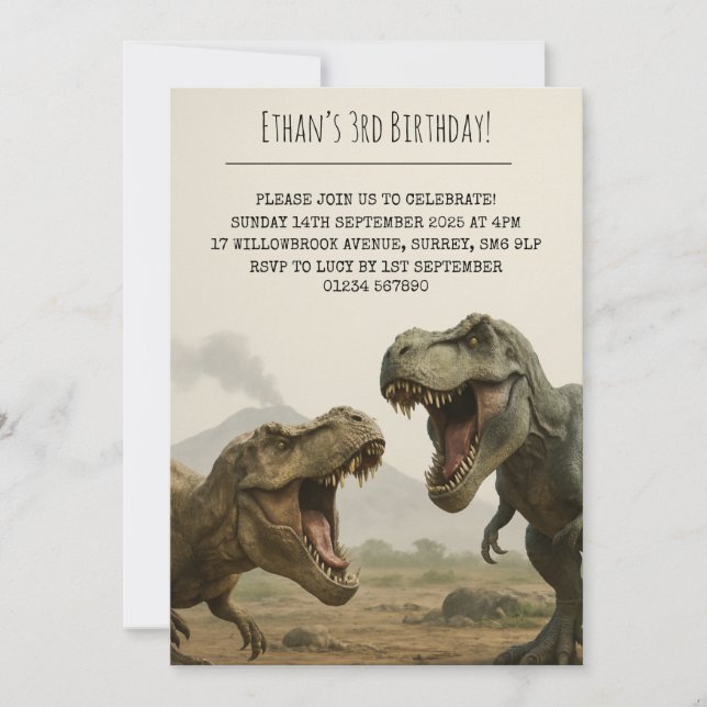 Roaring T-Rex Duo in Realistic Birthday Invitation (Front)