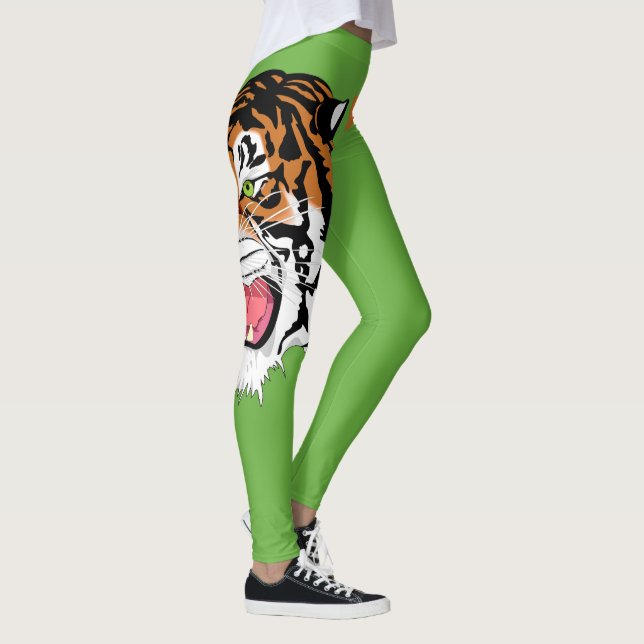 Roaring Tiger Head Print on Green Leggings (Right)