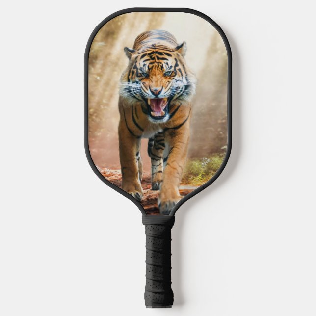 Roaring  Tiger in a Backlit Jungle Pickleball Paddle (Front)