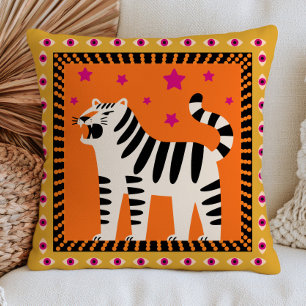 Roaring Tiger in Black& White on Orange Funky Cushion