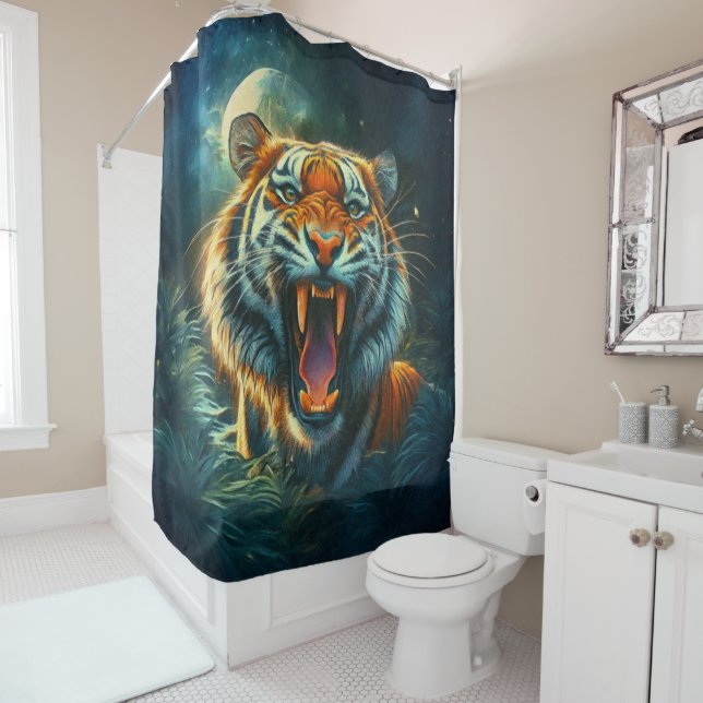 Roaring Tiger Moonlit Jungle Shower Curtain (In Situ)