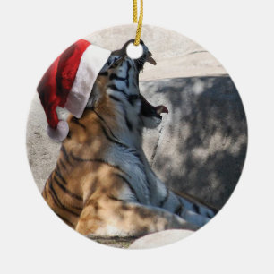Roaring Tiger with Santa Hat Ceramic Ornament