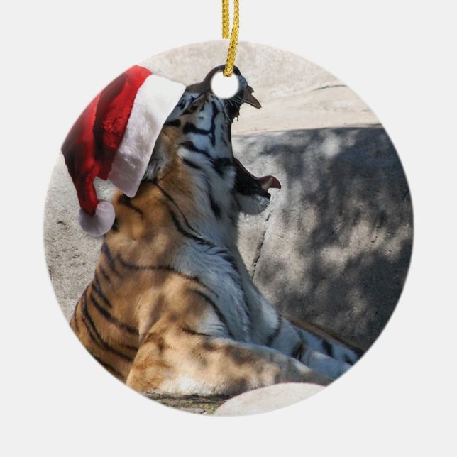 Roaring Tiger with Santa Hat Ceramic Ornament (Front)