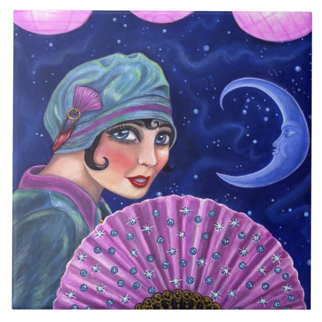 Roaring Twenties Flapper Girl Fan Moon Stars Ceramic Tile (Front)