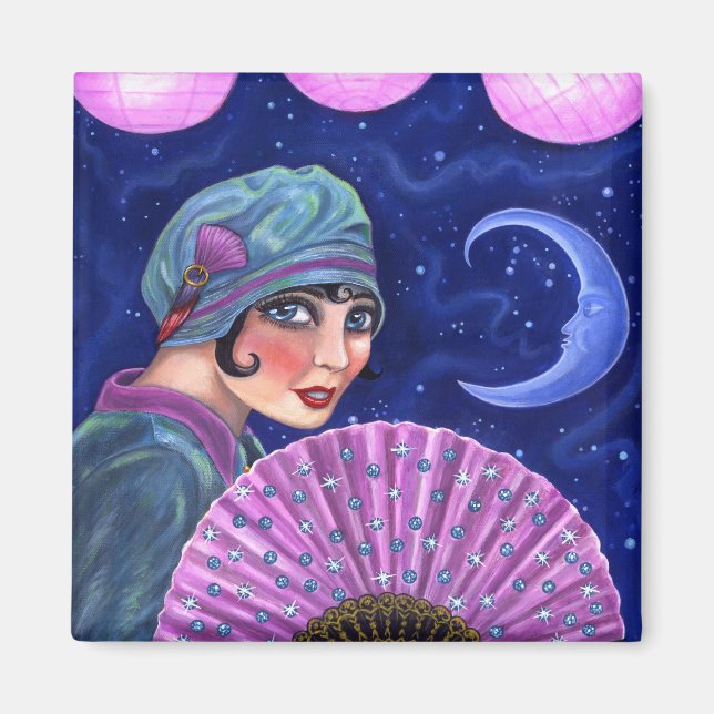 Roaring Twenties Flapper Girl Fan Moon Stars Magnet (Front)