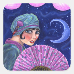 Roaring Twenties Flapper Girl Fan Moon Stars Square Sticker