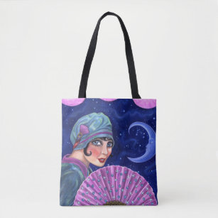 Roaring Twenties Flapper Girl Fan Moon Stars Tote Bag