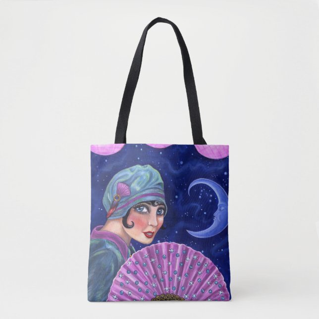 Roaring Twenties Flapper Girl Fan Moon Stars Tote Bag (Front)