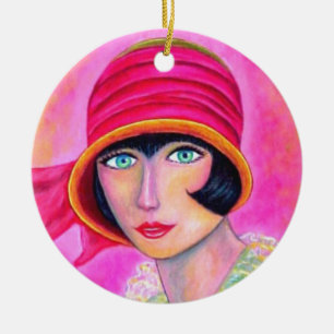 Roaring Twenties Flapper Girl in Pink Cloche Hat Ceramic Ornament