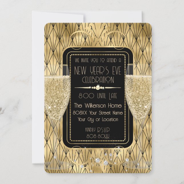 Roaring Twenties Gold New Year's Eve Champagne Invitation (Front)