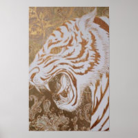 Roaring White Tiger Poster – Ornate Gold Design