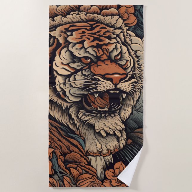Roaring with Colour Stunning Tiger Tattoo Beach Towel (Front)