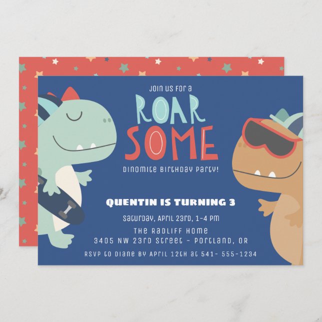 Roarsome Cool Dinosaur Theme Boys Birthday Party Invitation (Front/Back)
