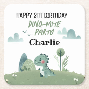 Roarsome Dino Birthday Square Paper Coaster