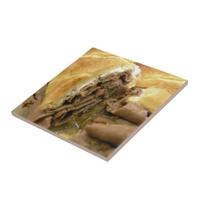 Roast beef sandwich with creamy goat cheese ceramic tile (Side)